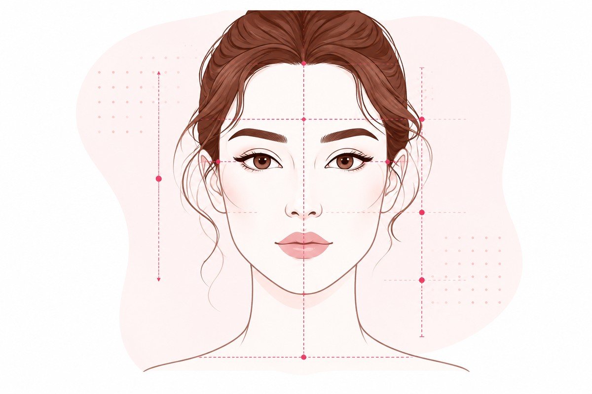 Illustration showing forehead, cheekbone, jawline and face length measurement guides on a face