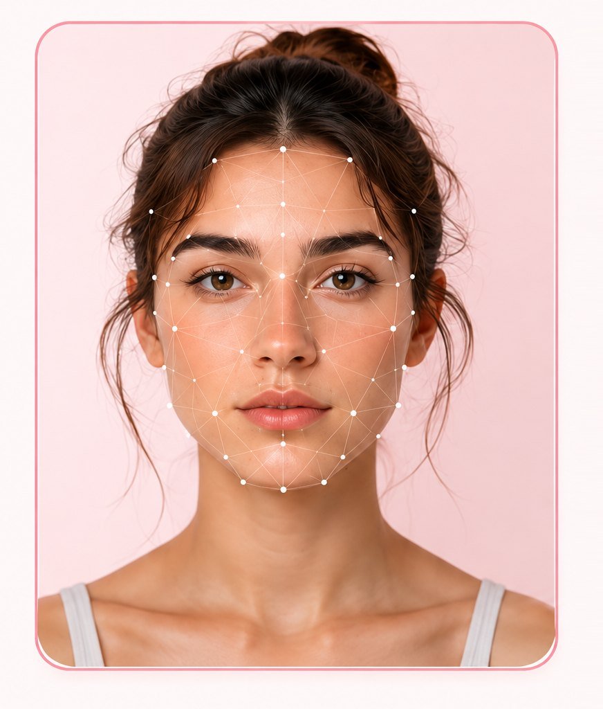 AI facial landmark mesh mapped over a front-facing portrait